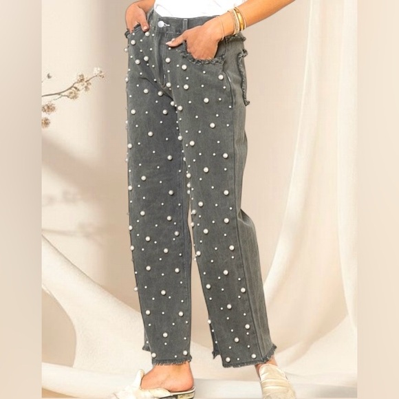 POL The Pearl Drop Jeans Distressed Straight-Leg Beaded Denim in Smoky Charcoal - Picture 5 of 7